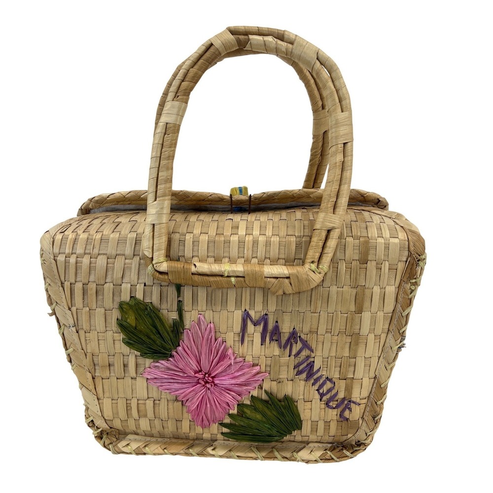 Beachy Tropical Woven‎ Straw Basket Bag Martinique Floral Raffia Vacation Summer